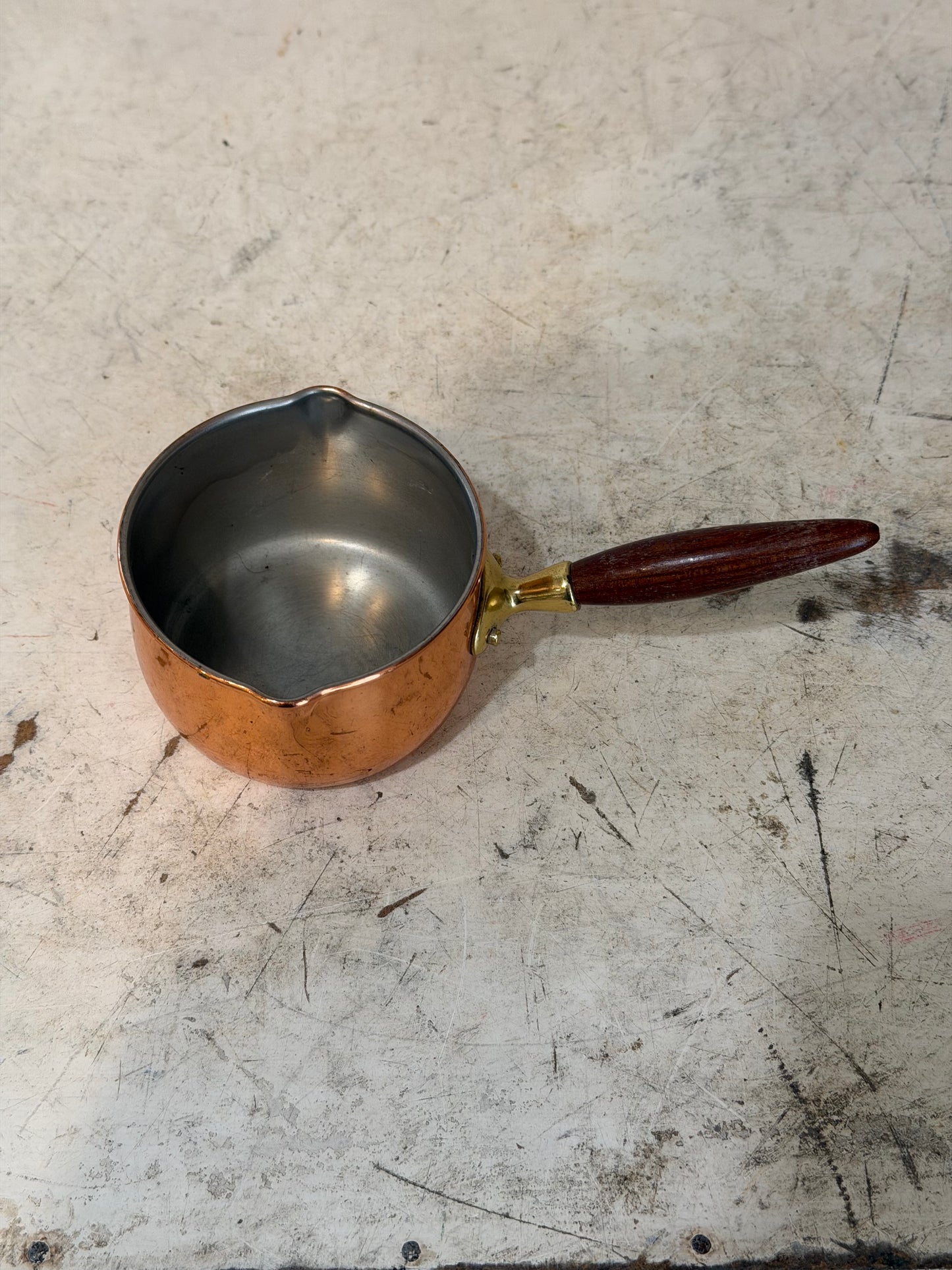 Tiny Vintage Copper Pot With Brass and Wooden Handle Portugal