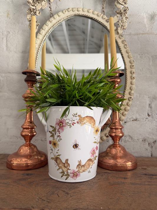 White Enamel Bunny Bucket with handles greenery not  included 6.5”