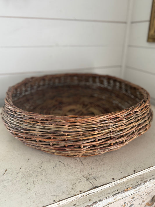 Oversized Round Handmade Antique Wicker Basket - French Style
