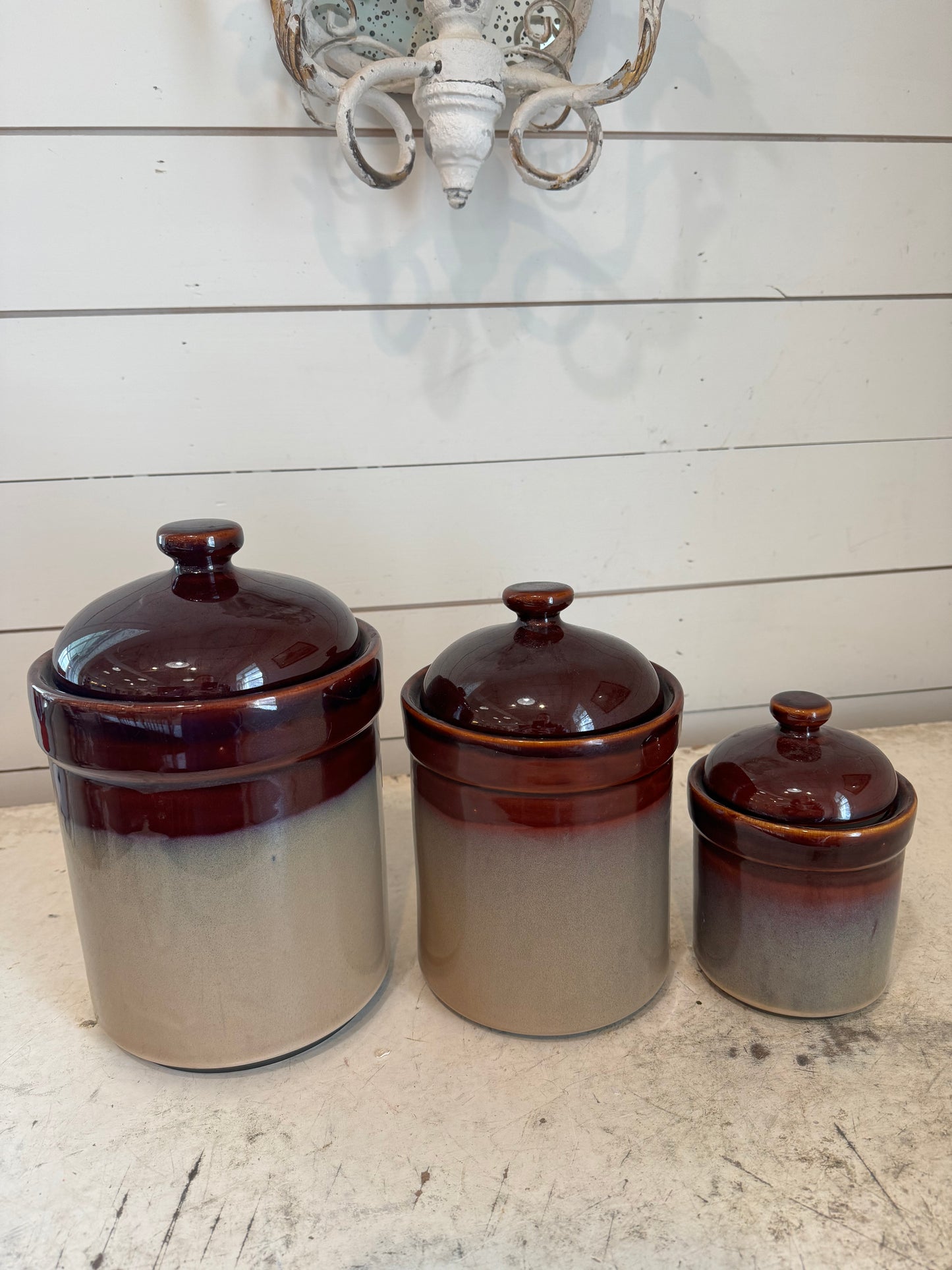 Vintage Sango Nova Brown Stoneware Canisters - Set of 3