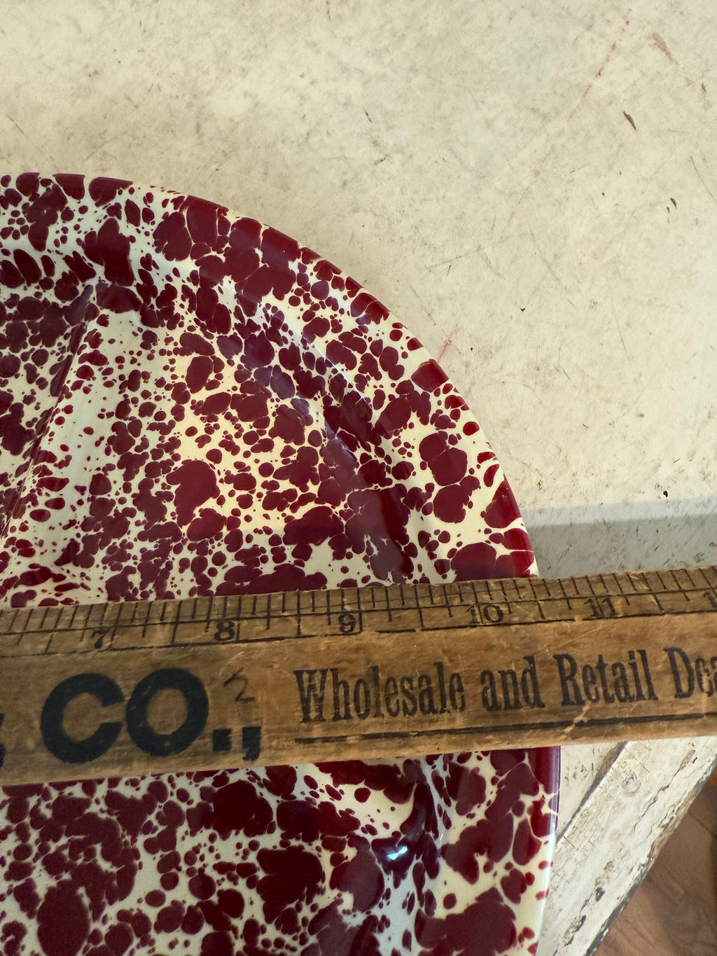 Burgundy and cream divided Splatterware enamel plate sold individually