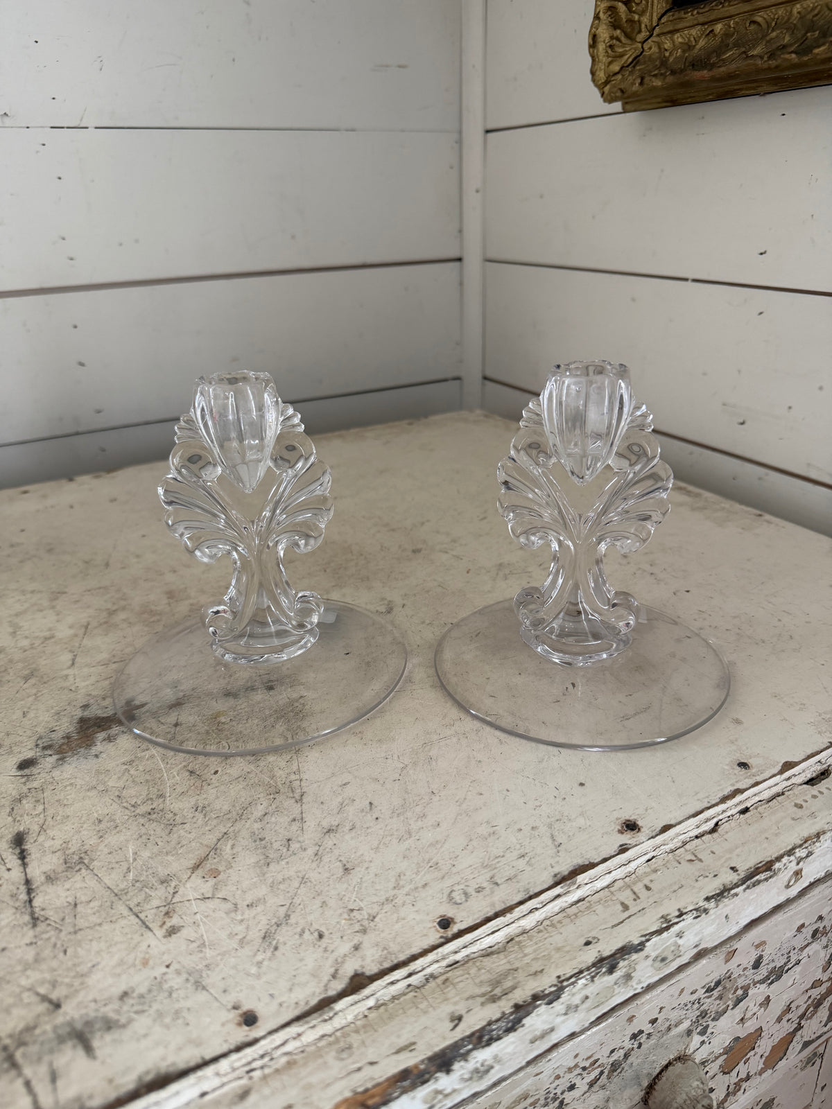 Pair Vintage 1940s Martinsville Glass Candlesticks "Janice" Pattern