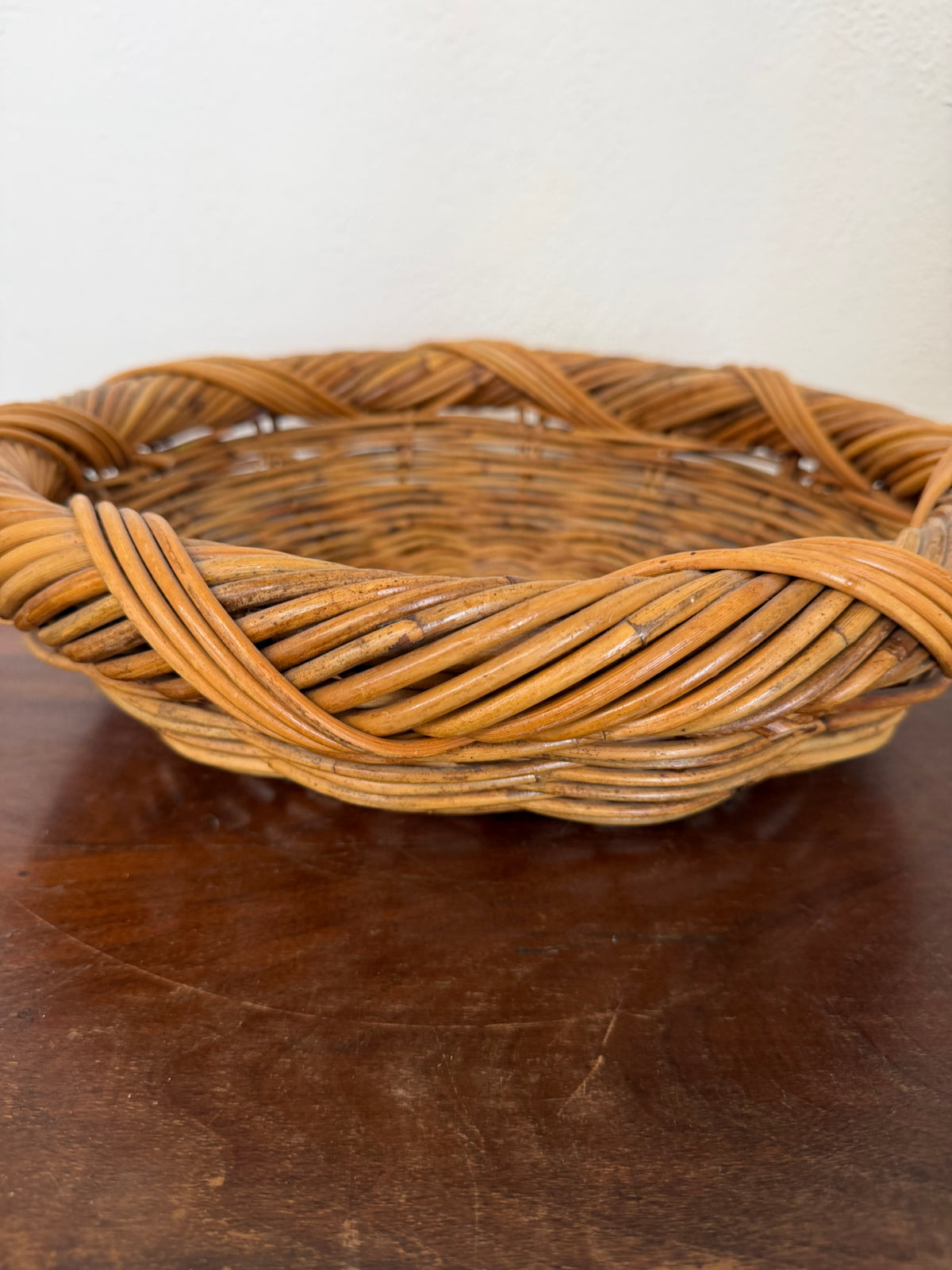Vintage Large Circular Round Wicker Braided Twisted Boho Basket