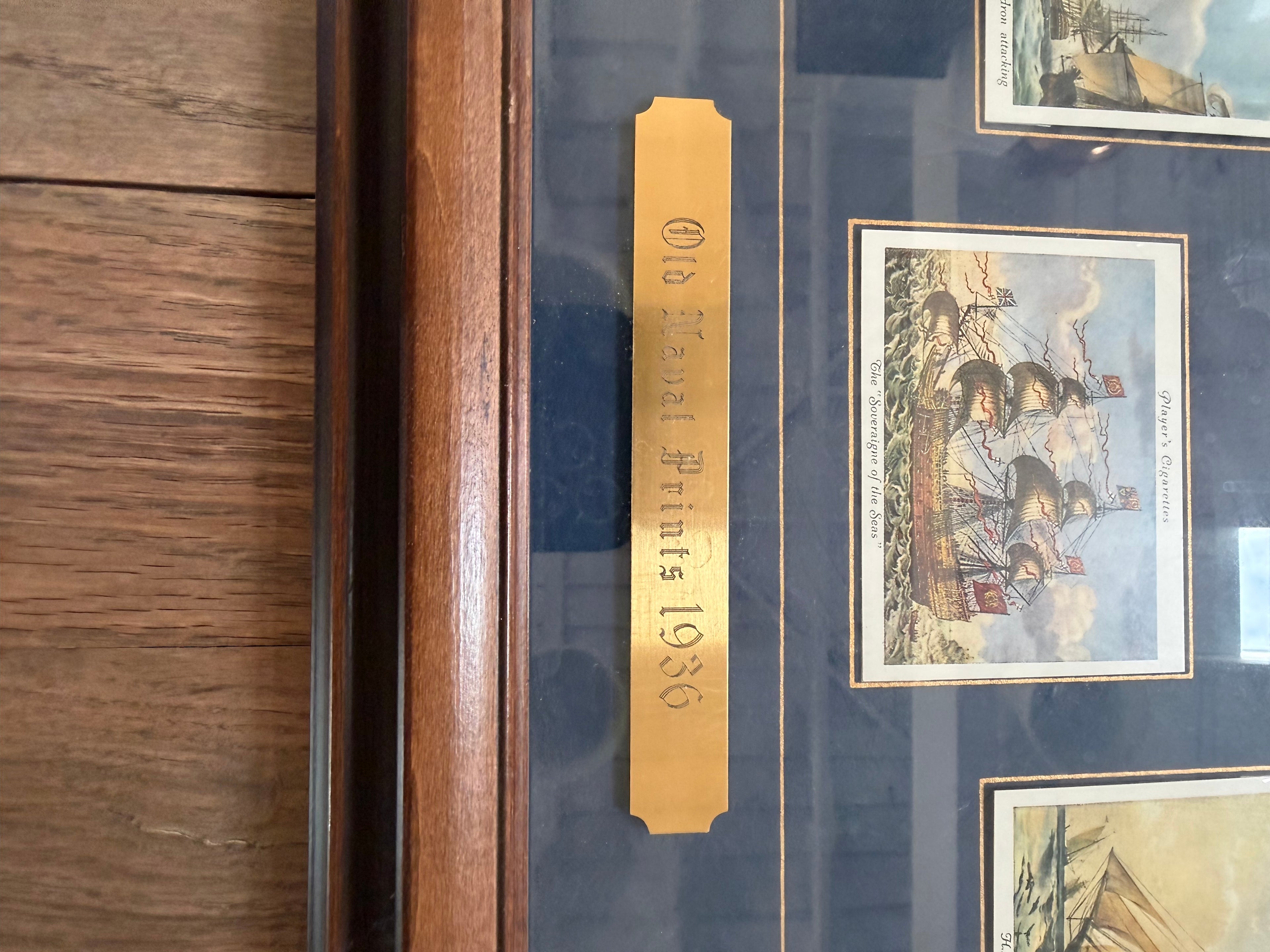 Framed collection of vintage John Player and Sons Old Naval Prints Cigarette Cards