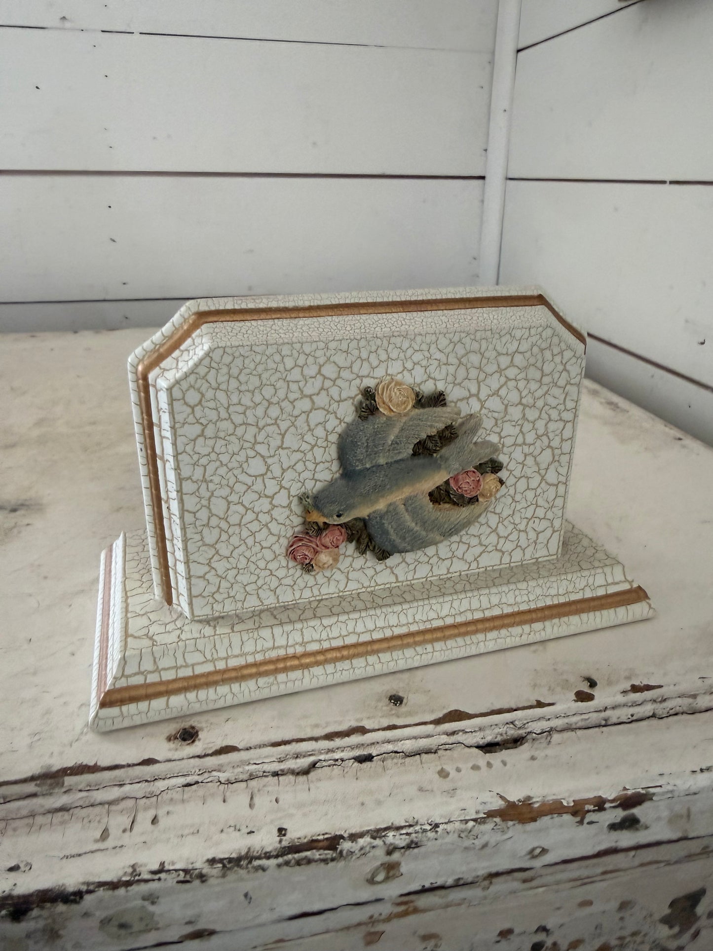 Vtg MCM crackle, bird floral napkin holder