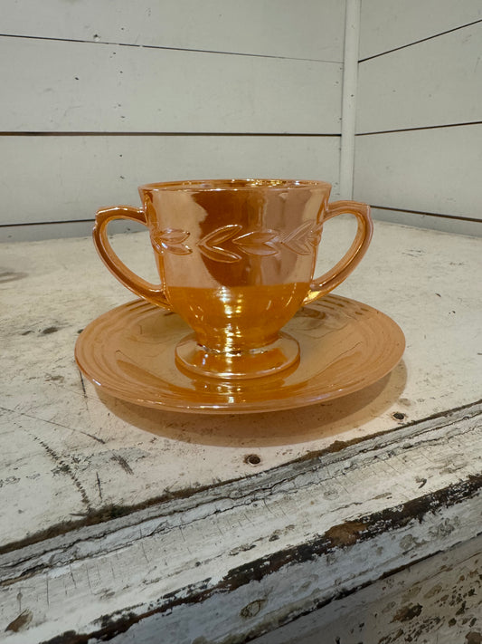 Vintage Fire King Glass Peach Luster Laurel Leaf Sugar & Saucer set