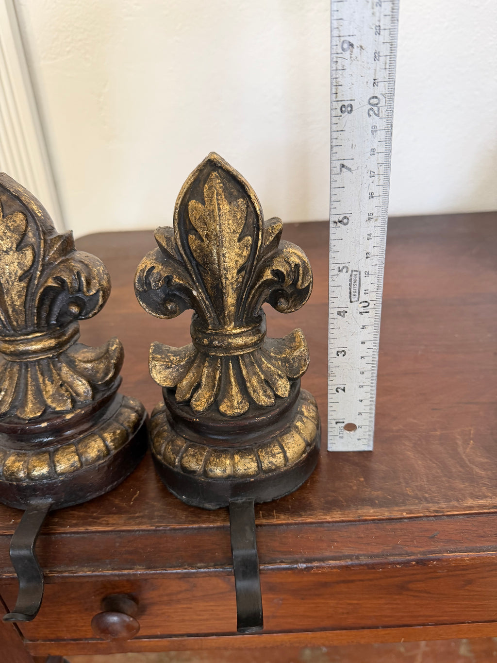 Stocking Holders ornate, distressed gold and dark brown fleur-de-lis SOLD INDIVIDUALLY