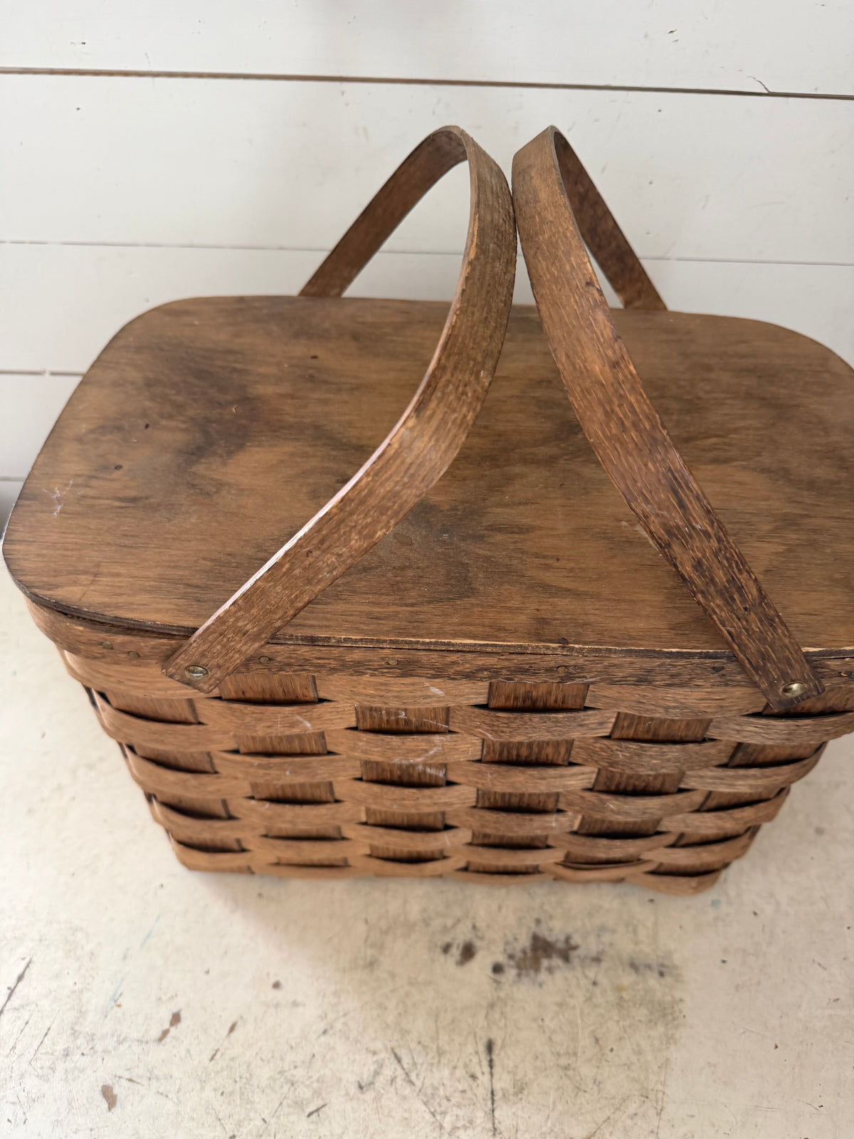 Vintage Picnic Basket, woven wood, Basketville, Putney Vermont, hinged lid, storage,