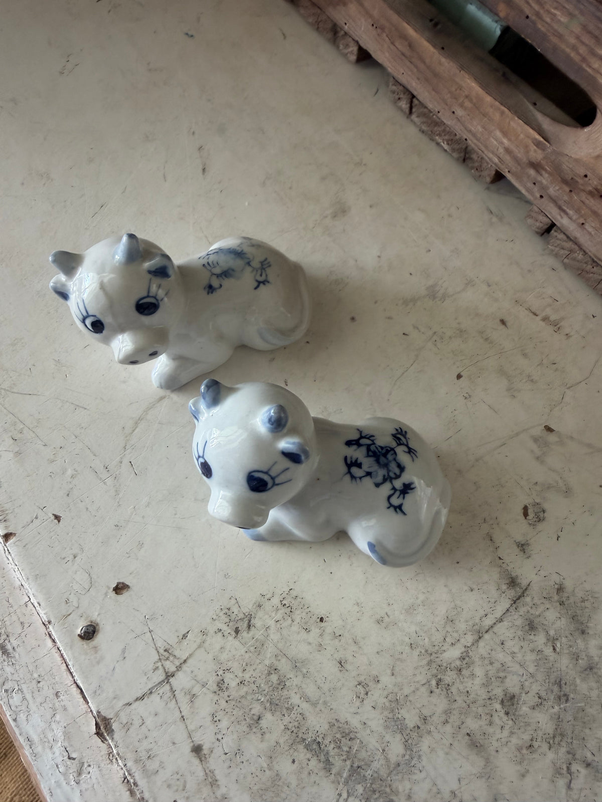 Ceramic Vintage White Cows Figurines With Blue Flowers