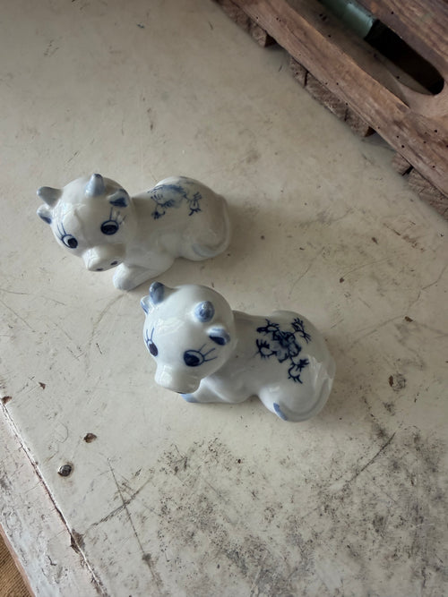Ceramic Vintage White Cows Figurines With Blue Flowers