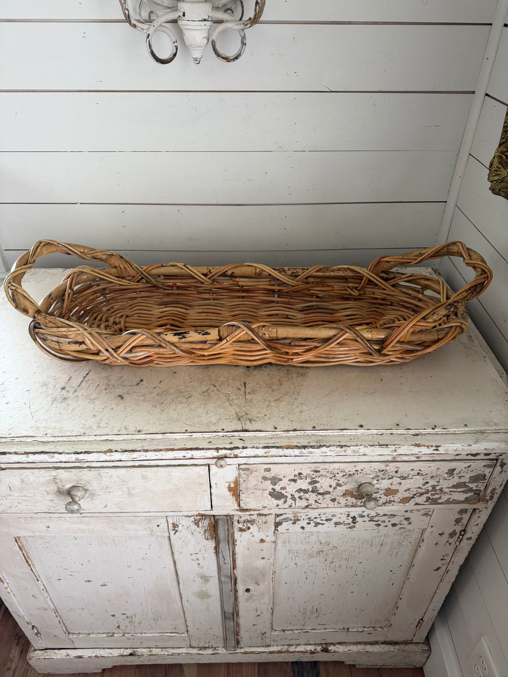 Vintage Cross Woven Oval Basket with Large Handles
