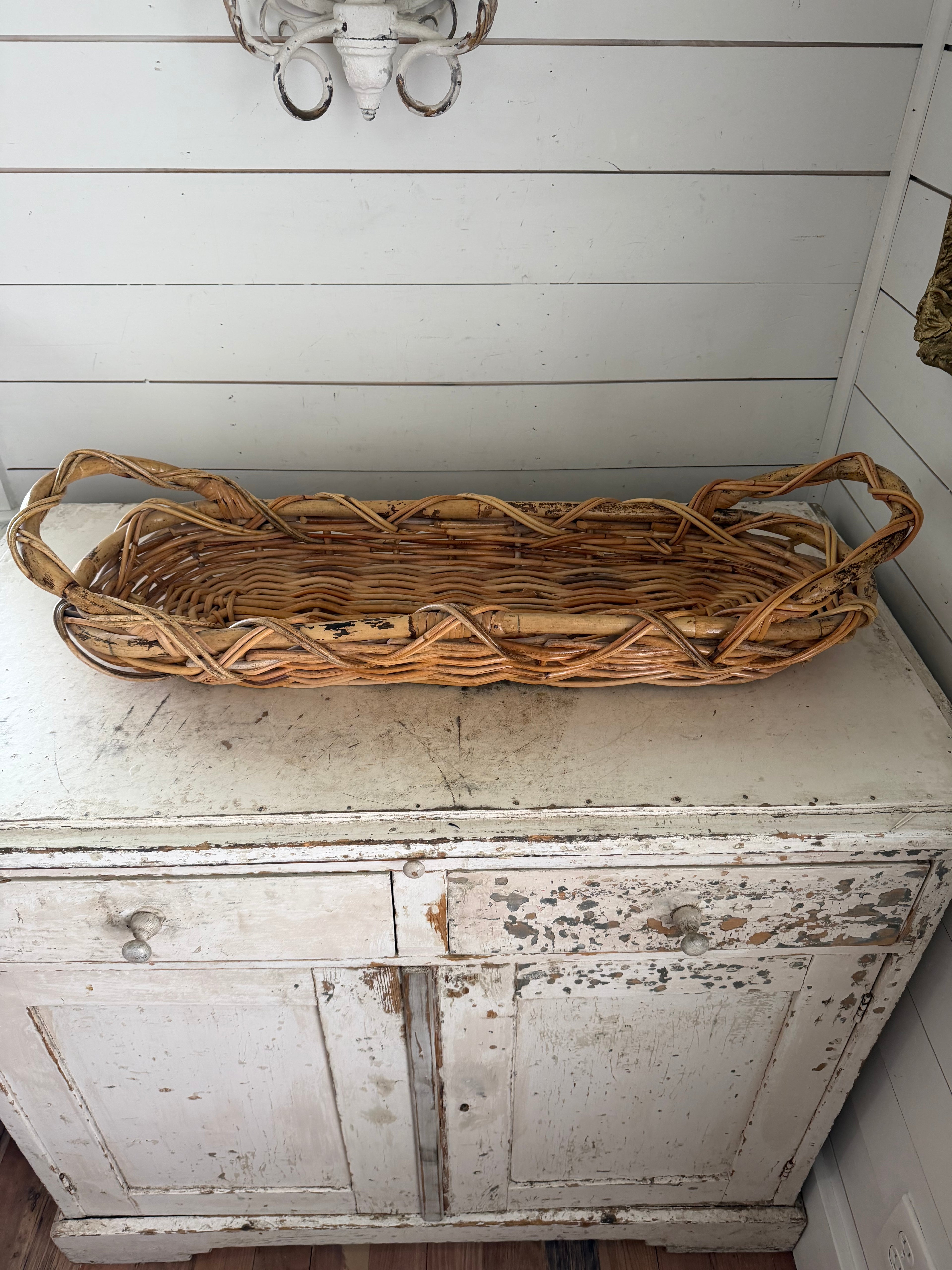 Vintage Cross Woven Oval Basket with Large Handles