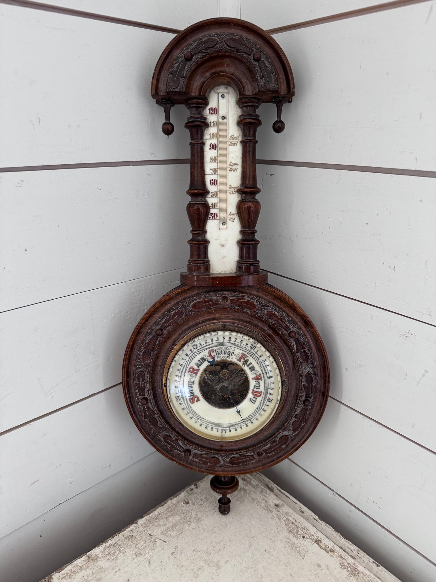 Antique Victorian Handcarved Walnut Aneroid Wheel Barometer - Missing thermometer on top