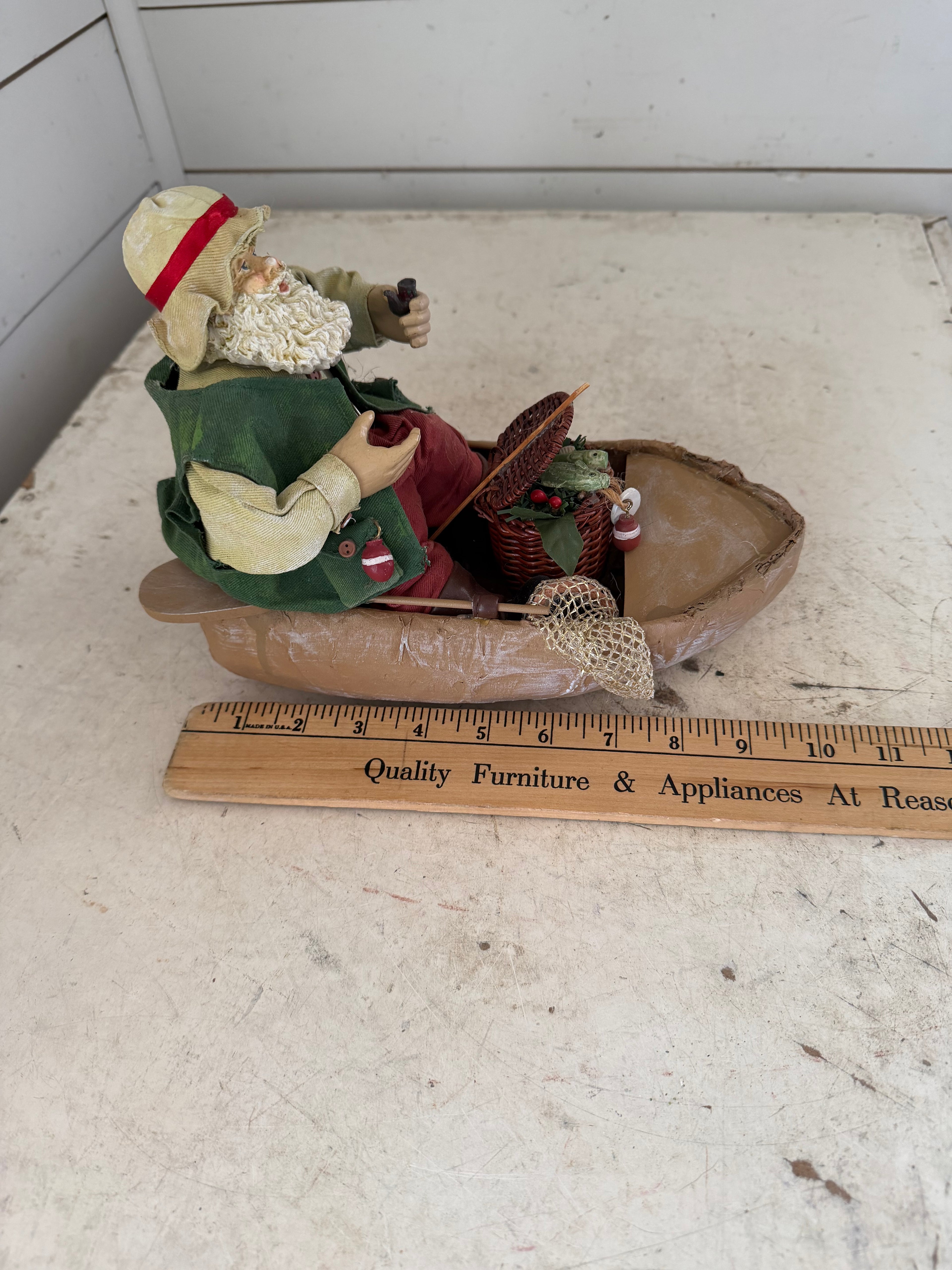 Fishing Fisherman Paper Mache Santa Figure Creel IN BOAT FISH Folk Art Christmas