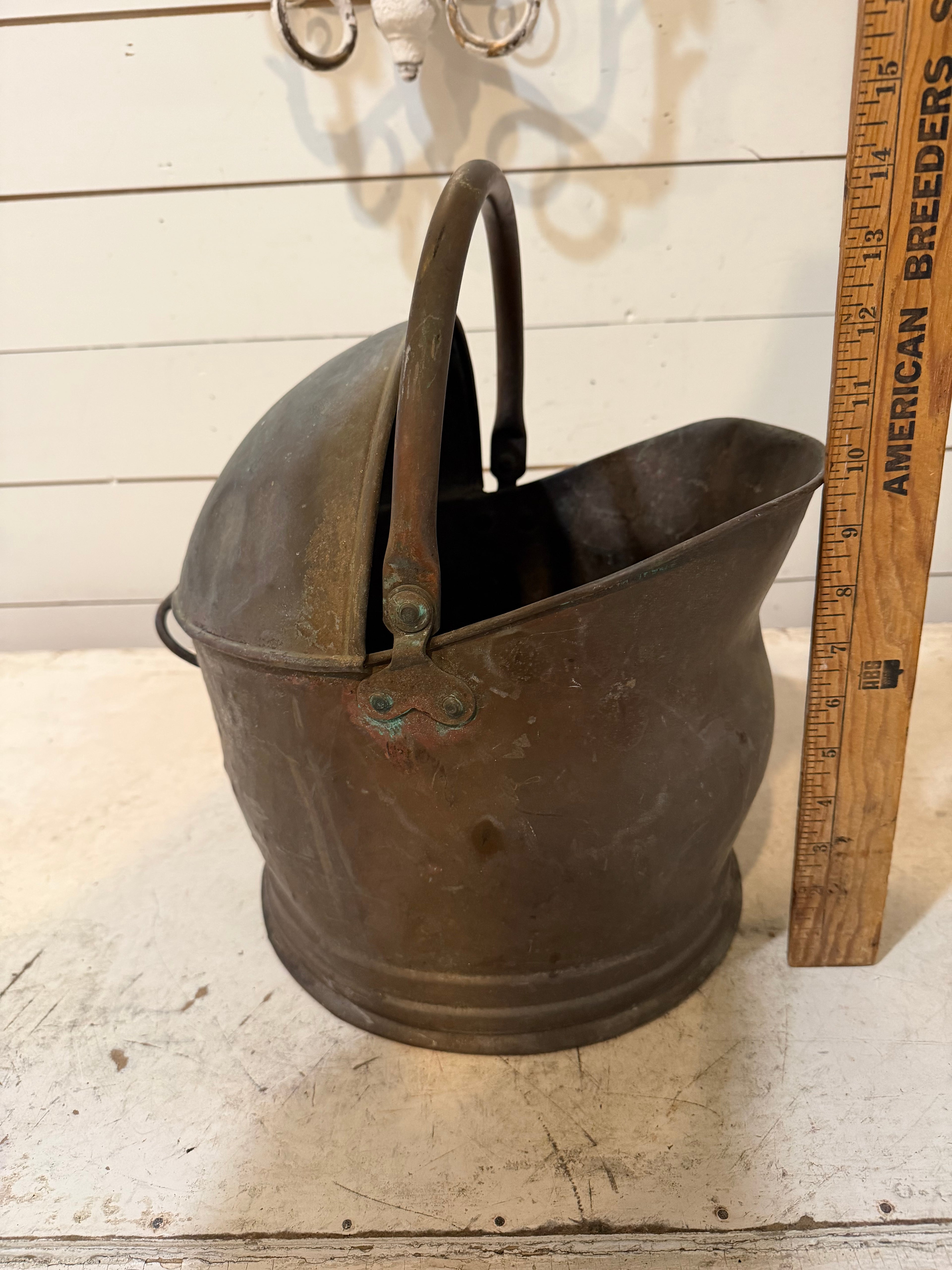 Antique Coal Scuttle With Handle and Half Lid
