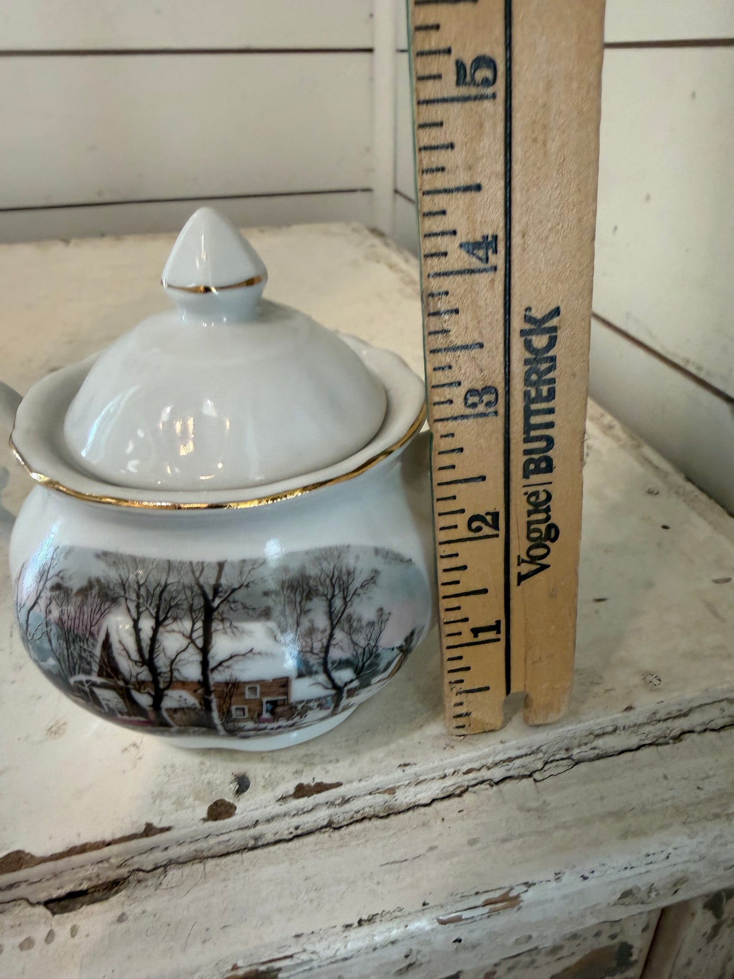 Vintage Avon China Sugar Bowl Two Handles Snowy Winter Water Mill 1977