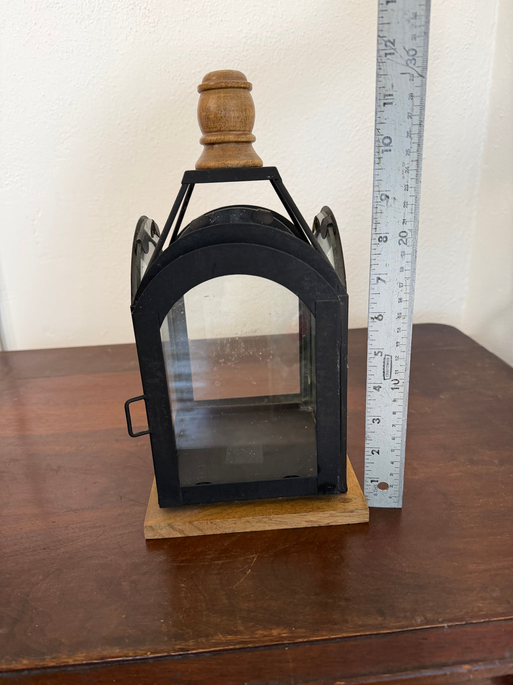 Glass and Metal Lantern with wood finial