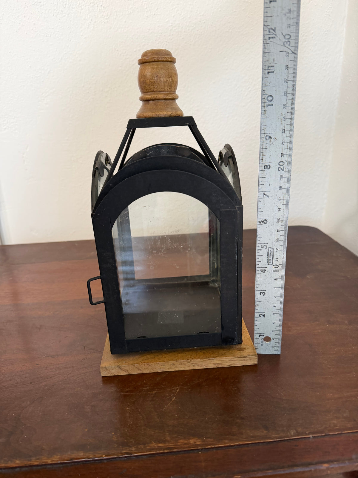 Glass and Metal Lantern with wood finial