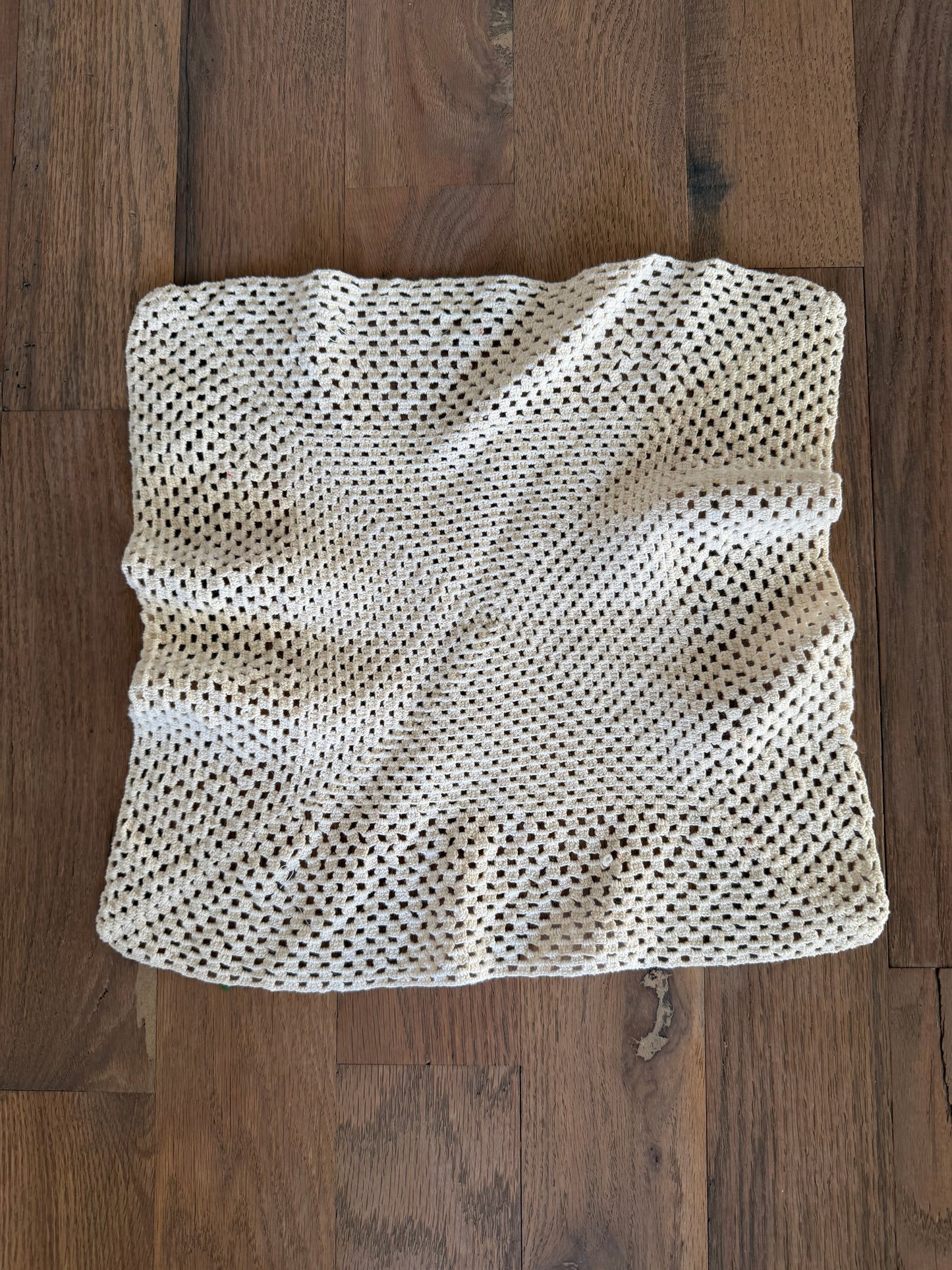 Vintage small square, white crochet knit table scarf
