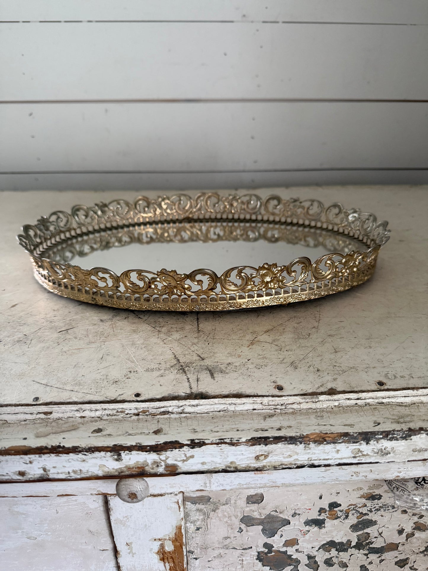 Vintage Gold Toned Metal Filagree Mirror
