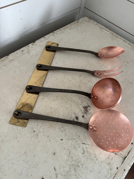 Vintage French 4 Professional Quality, Copper Kitchen Utensils - Cast Handles includes brass hanger