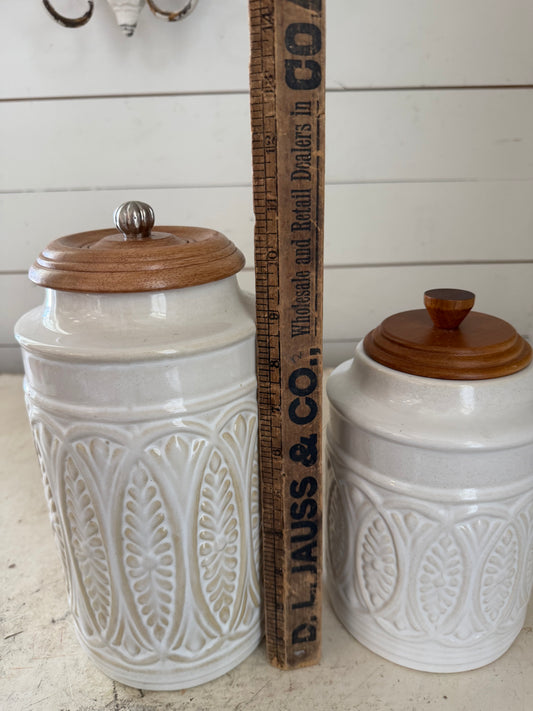 Set of Ivory Farmhouse Canisters with Wood Lids