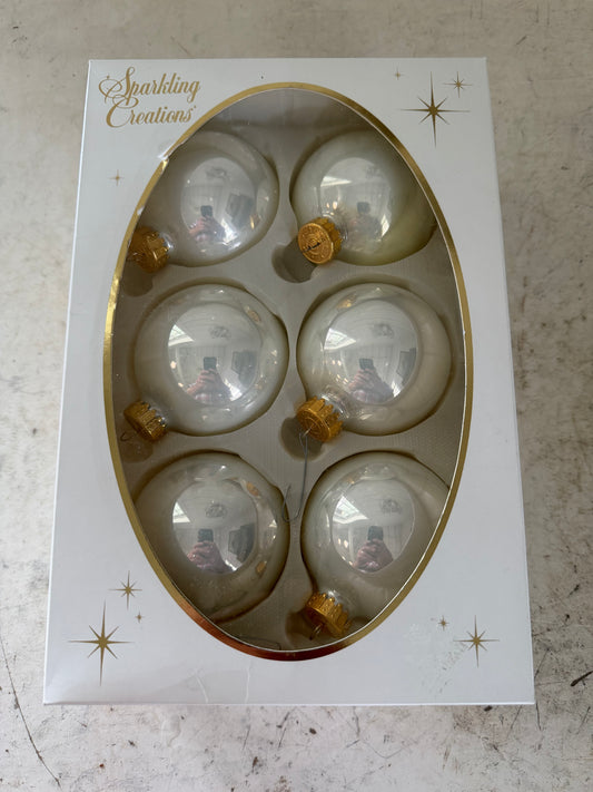 Vintage "Sparkling Creations" white iridescent glass Christmas ornaments