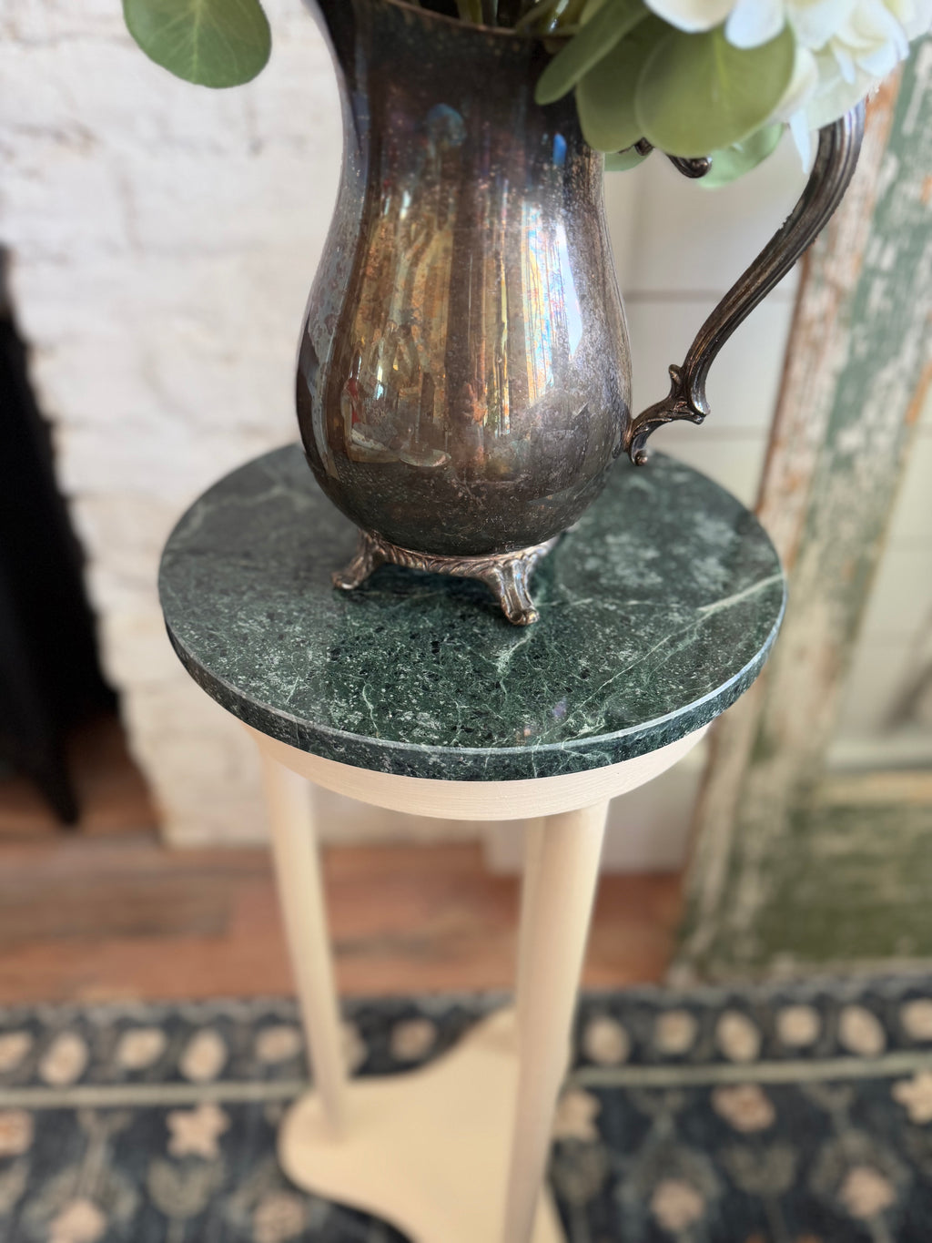 Hand Painted with marble top plant stand 24” tall will come disassembled lightly distressed