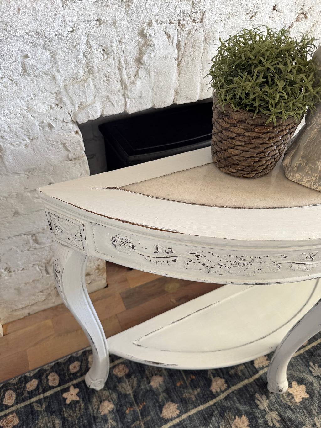 White Distressed Sofa Table with marble top