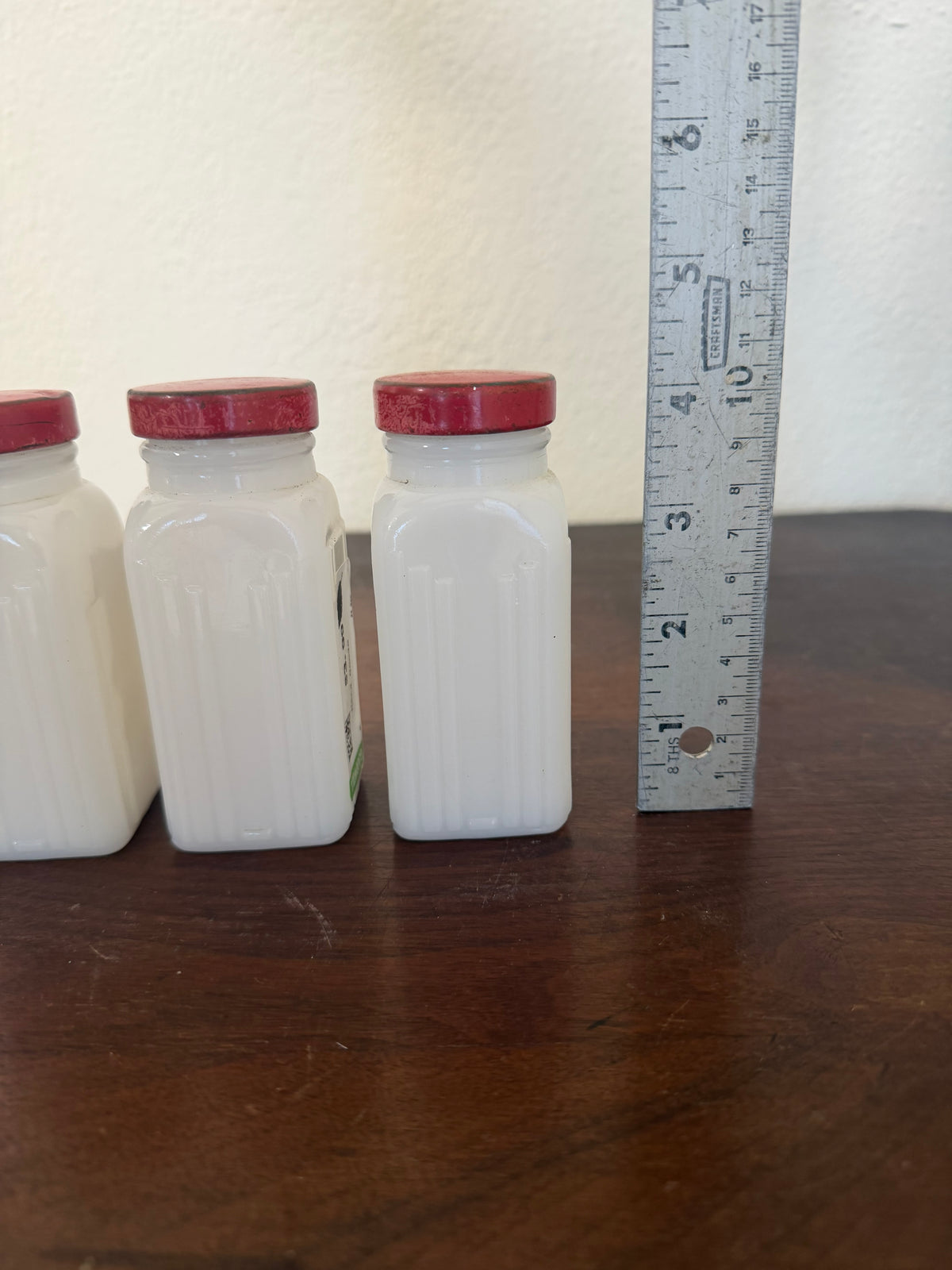Vintage milk, glass spice jar with red lid - Sold Individually