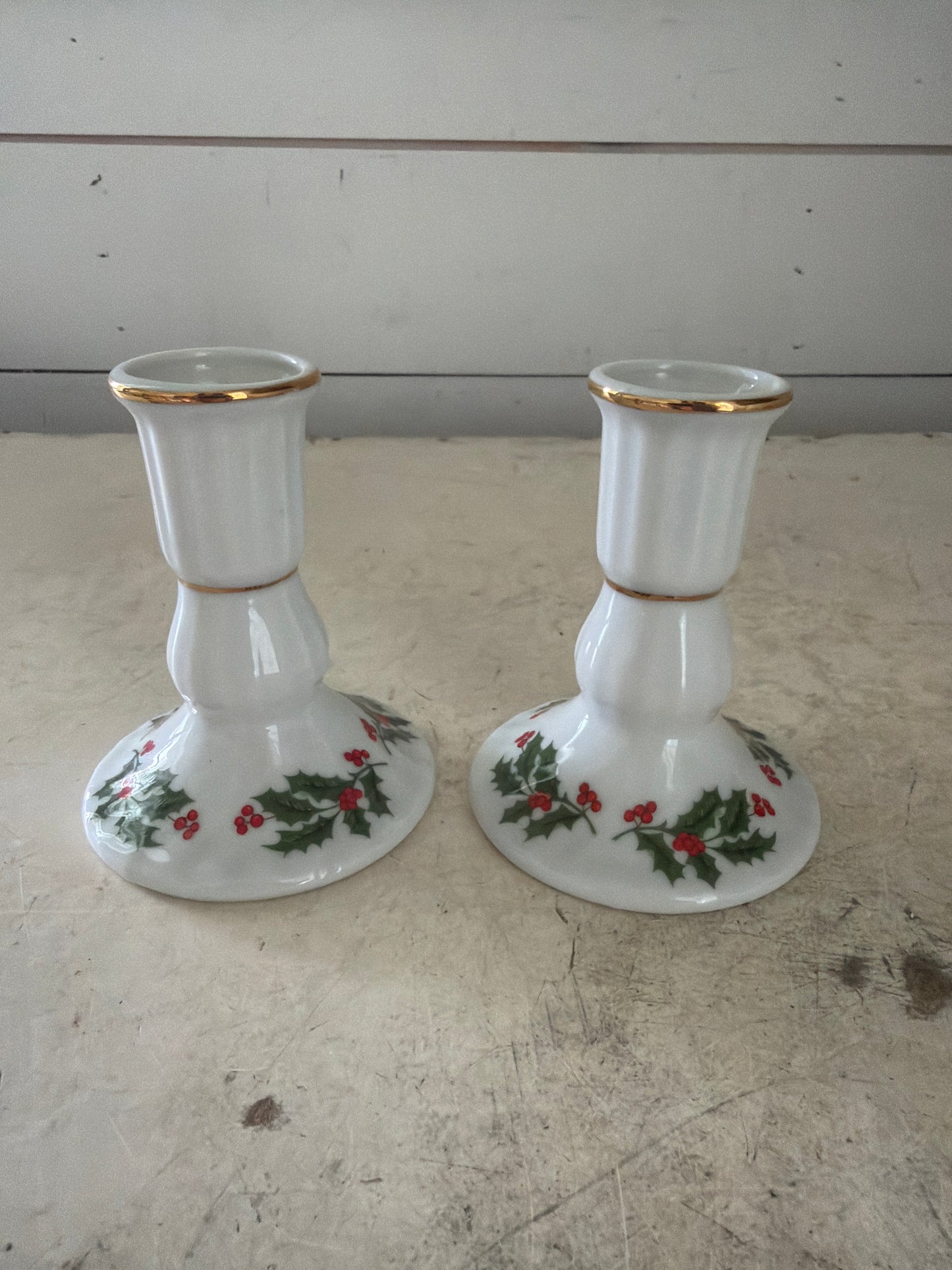 Holly and Berry ceramic candle holder set
