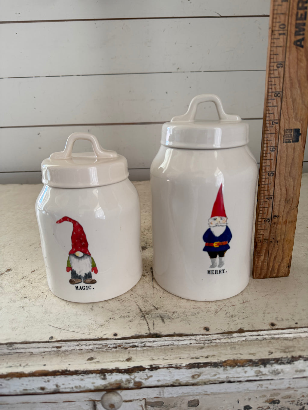 Rae Dunn Elf Gnome “Magic And Merry” Canisters Sold as Set