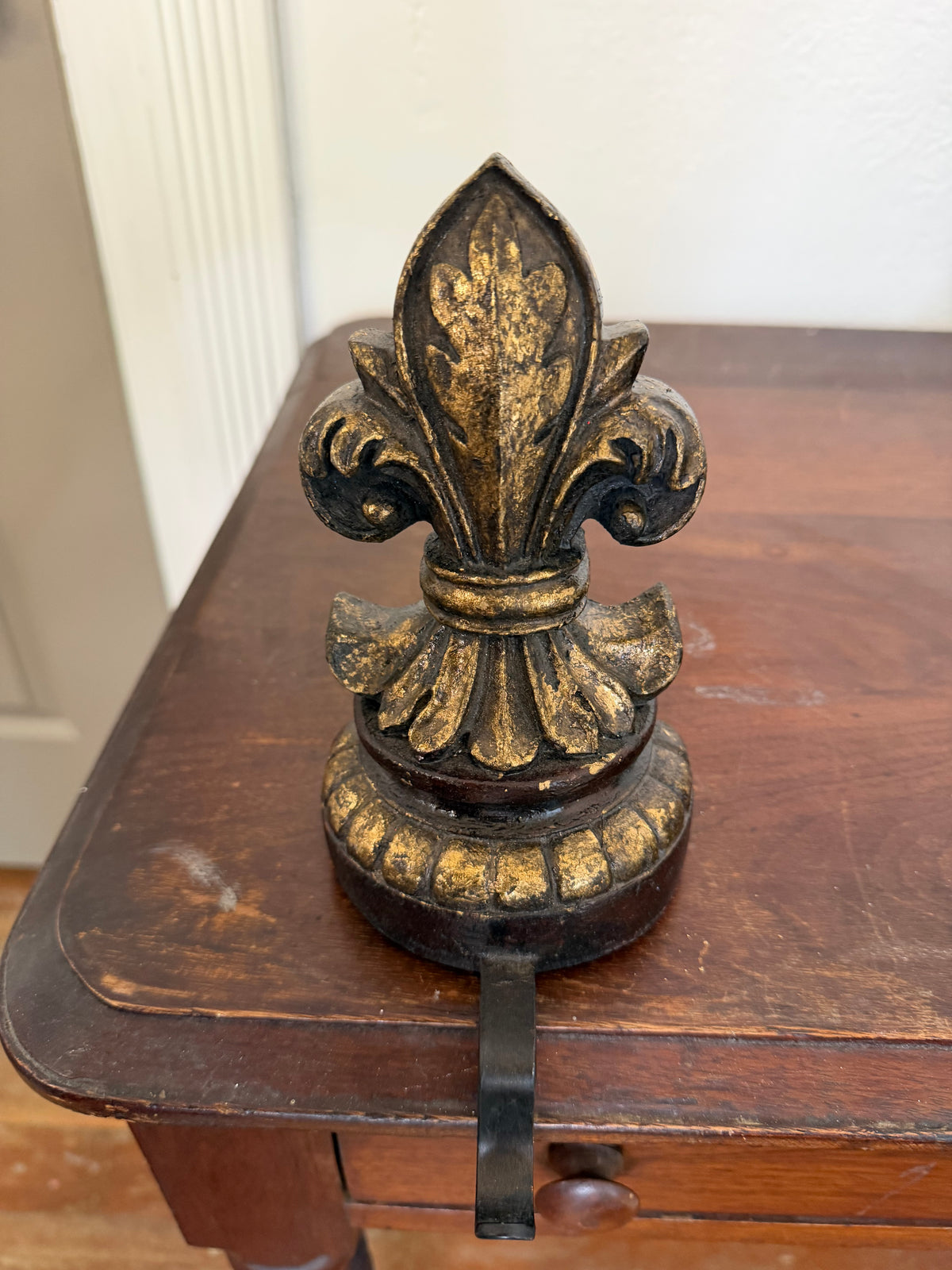 Stocking Holders ornate, distressed gold and dark brown fleur-de-lis SOLD INDIVIDUALLY