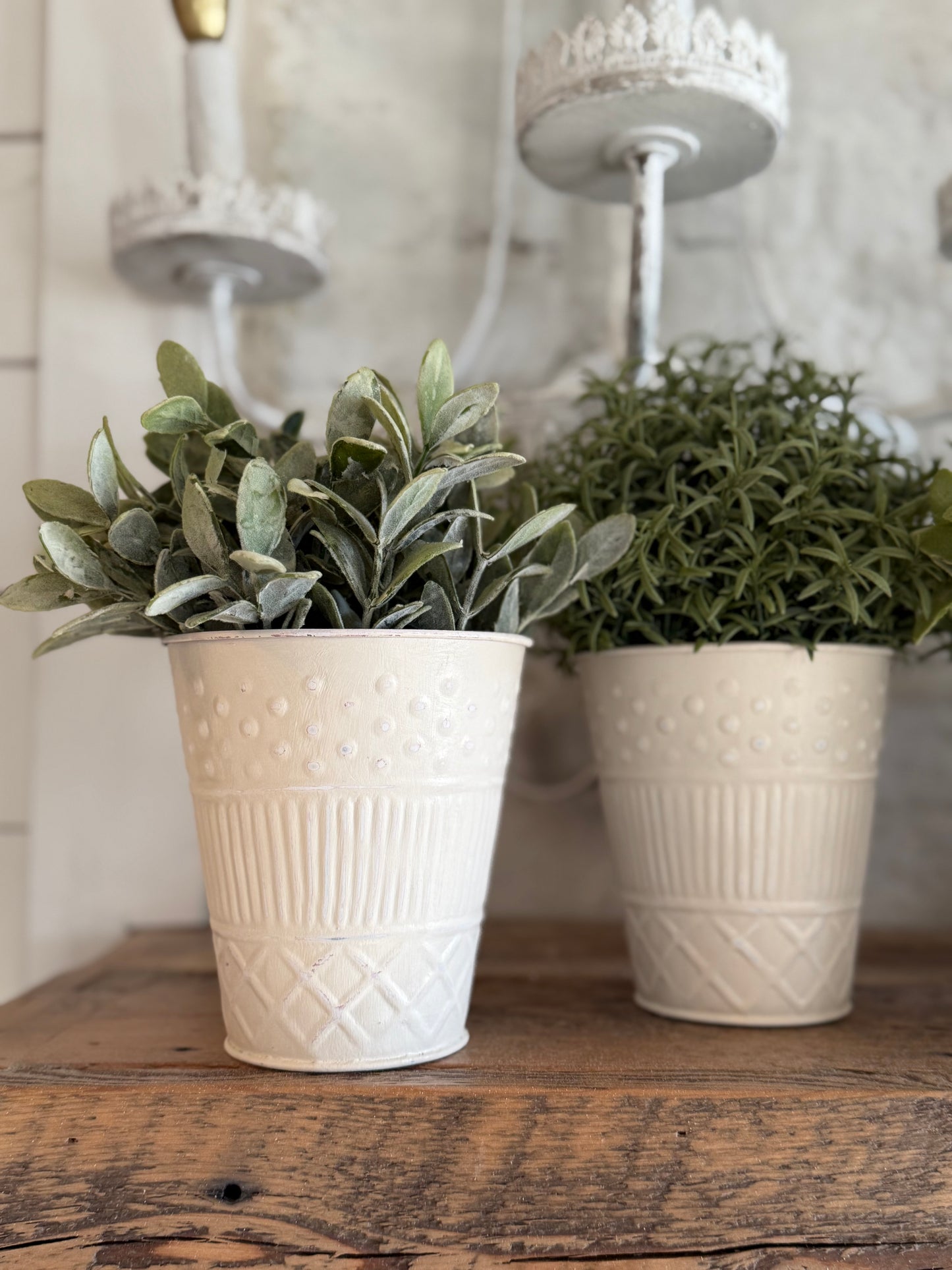 Cream Metal Bucket Hand Painted - Greenery not included