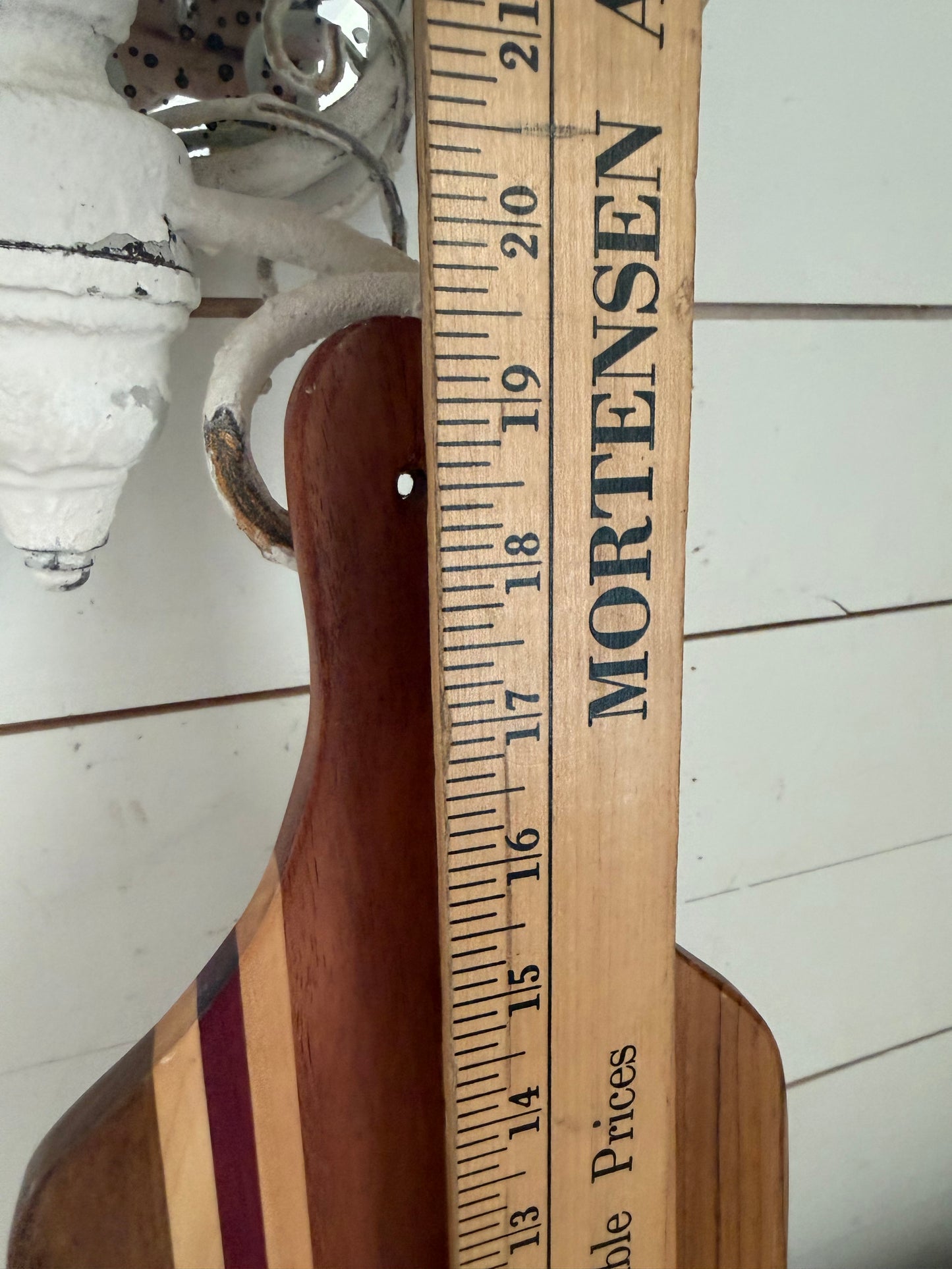 Paddle-style Charcuterie Board Handcrafted from Walnut, Maple, and Purple Heart