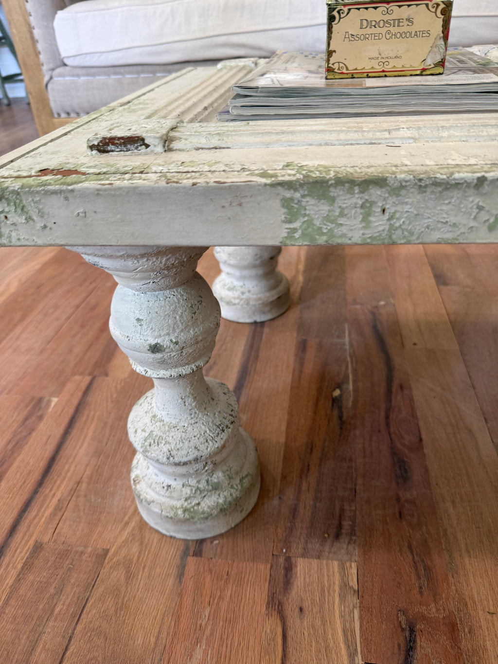 Chippy Custom Old Door Coffee Table with rustic turned legs