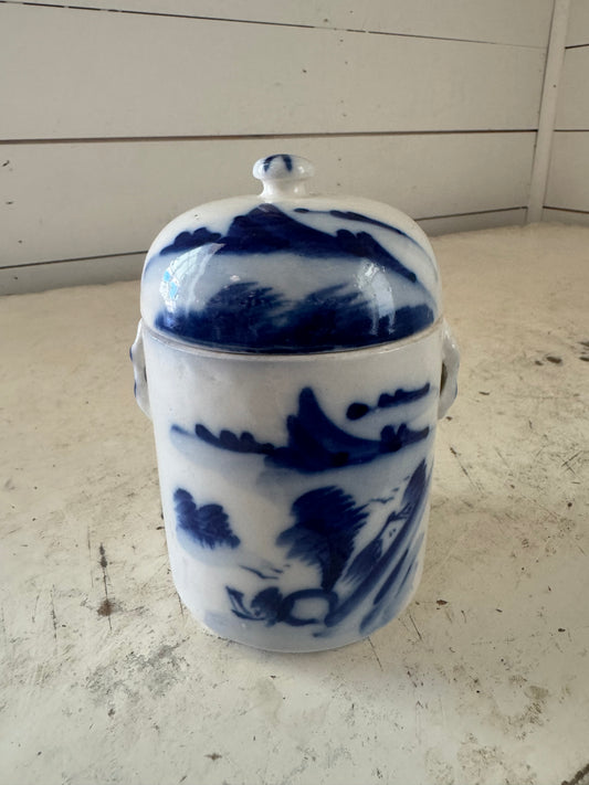 Vintage Tea Ginger jar Pottery Canister w Lid Blue White Hand Painted 5”