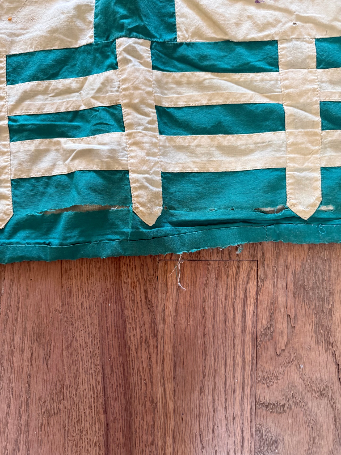 Green squares with embroidered floral full size quilt - hand embroidered homemade