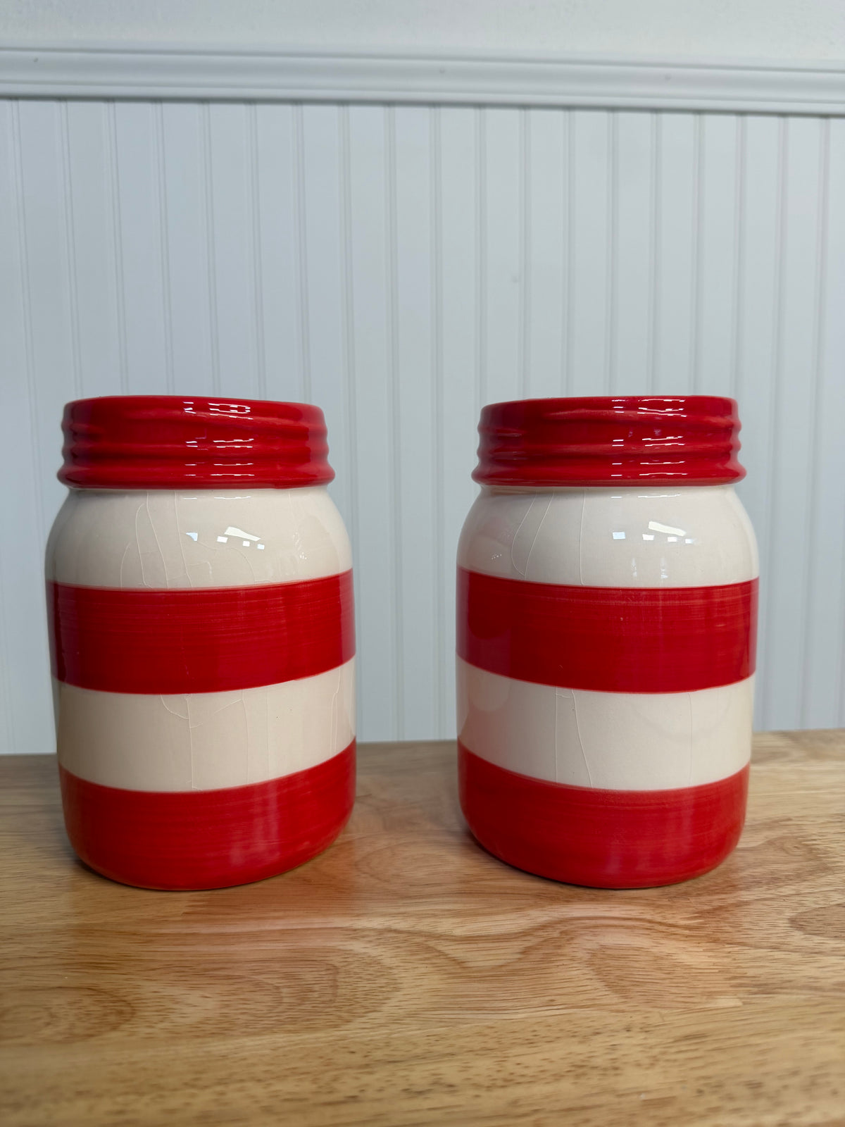 Red & White Stripes Ceramic Jar - Will get transfers, sold individually