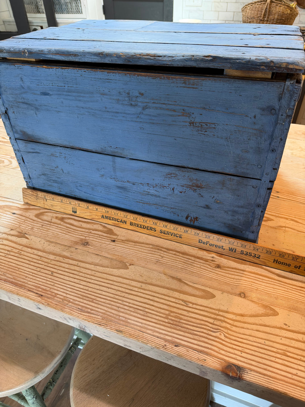 Vintage Large Wood Kindling Box Painted In Federal Blue Milk Paint