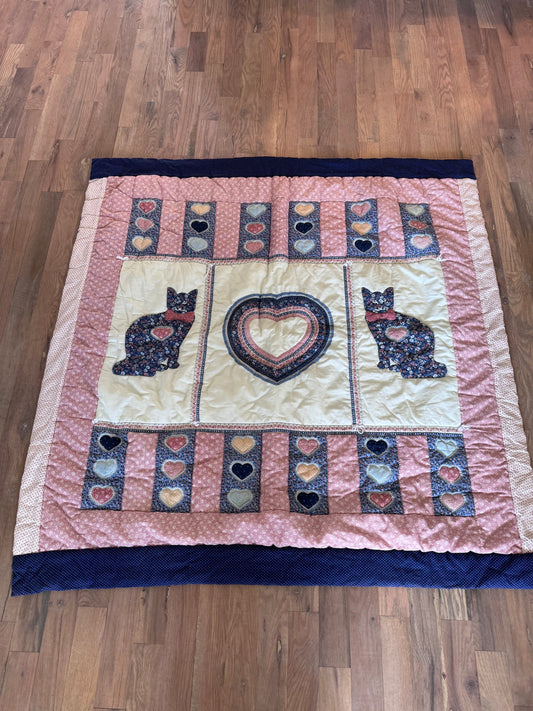 Cat and Heart Home Made Lap Quilt