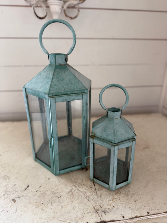 Opalhouse Green weathered Metal and glass Lanterns - Set of 2