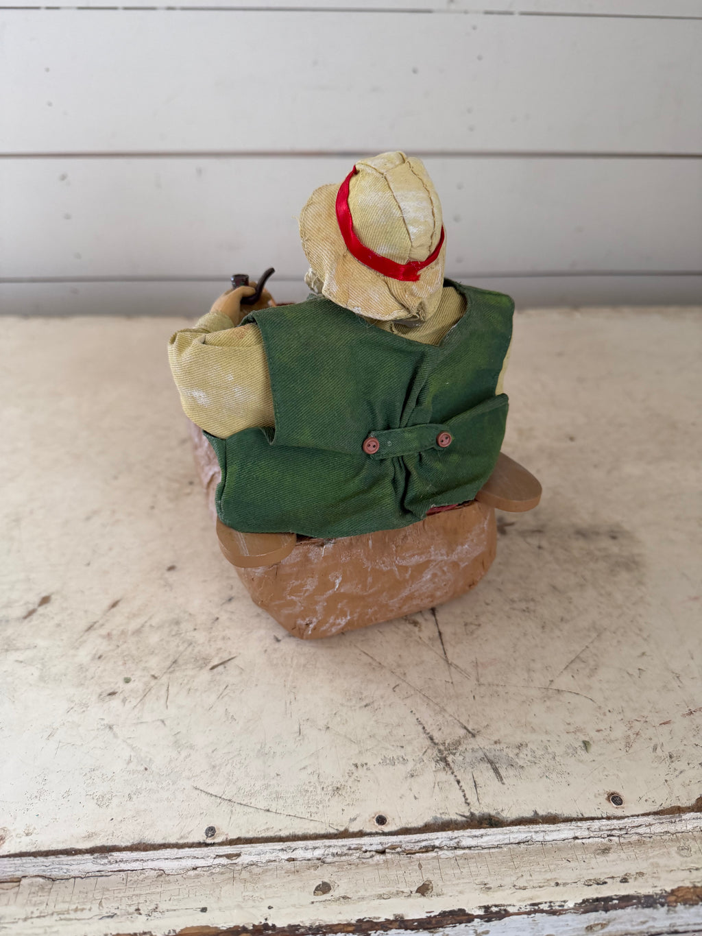 Fishing Fisherman Paper Mache Santa Figure Creel IN BOAT FISH Folk Art Christmas