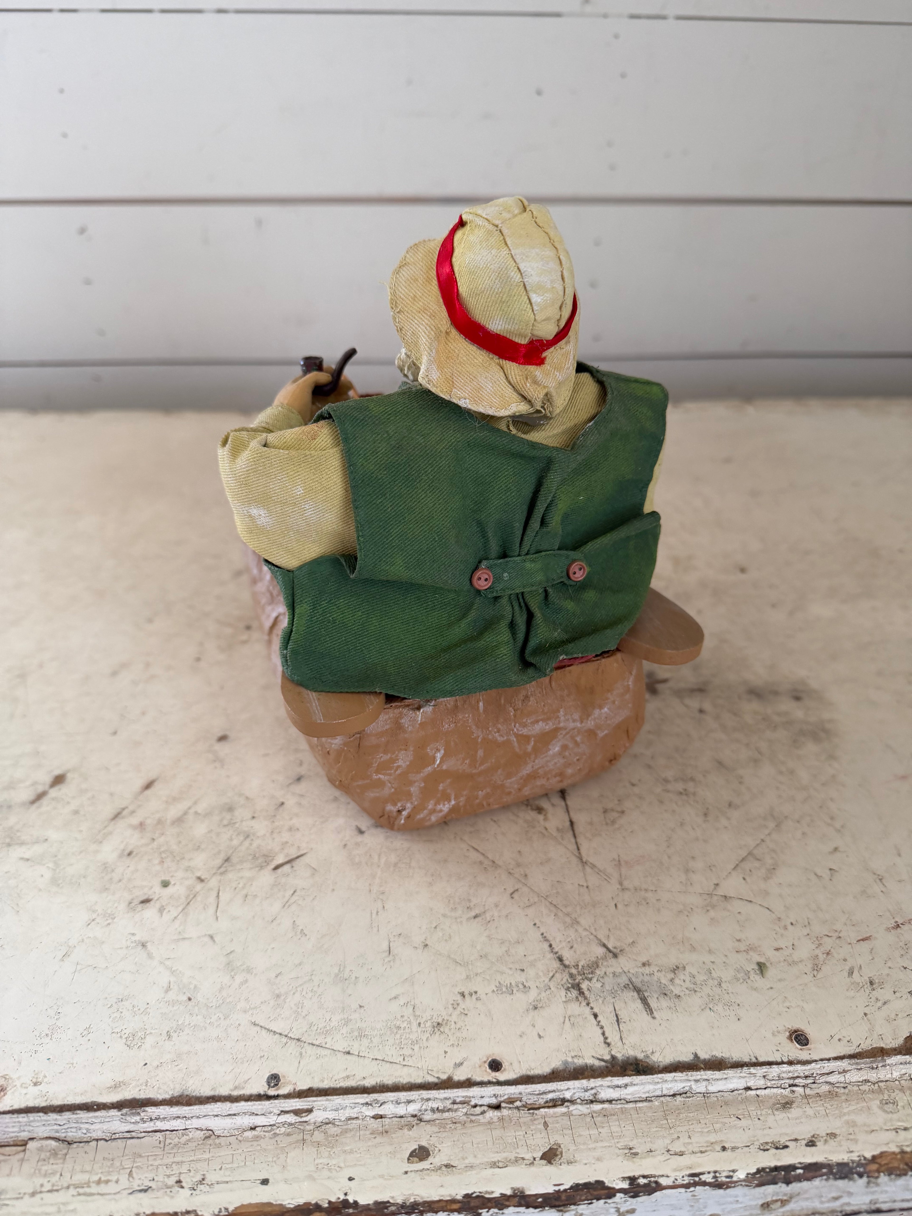 Fishing Fisherman Paper Mache Santa Figure Creel IN BOAT FISH Folk Art Christmas