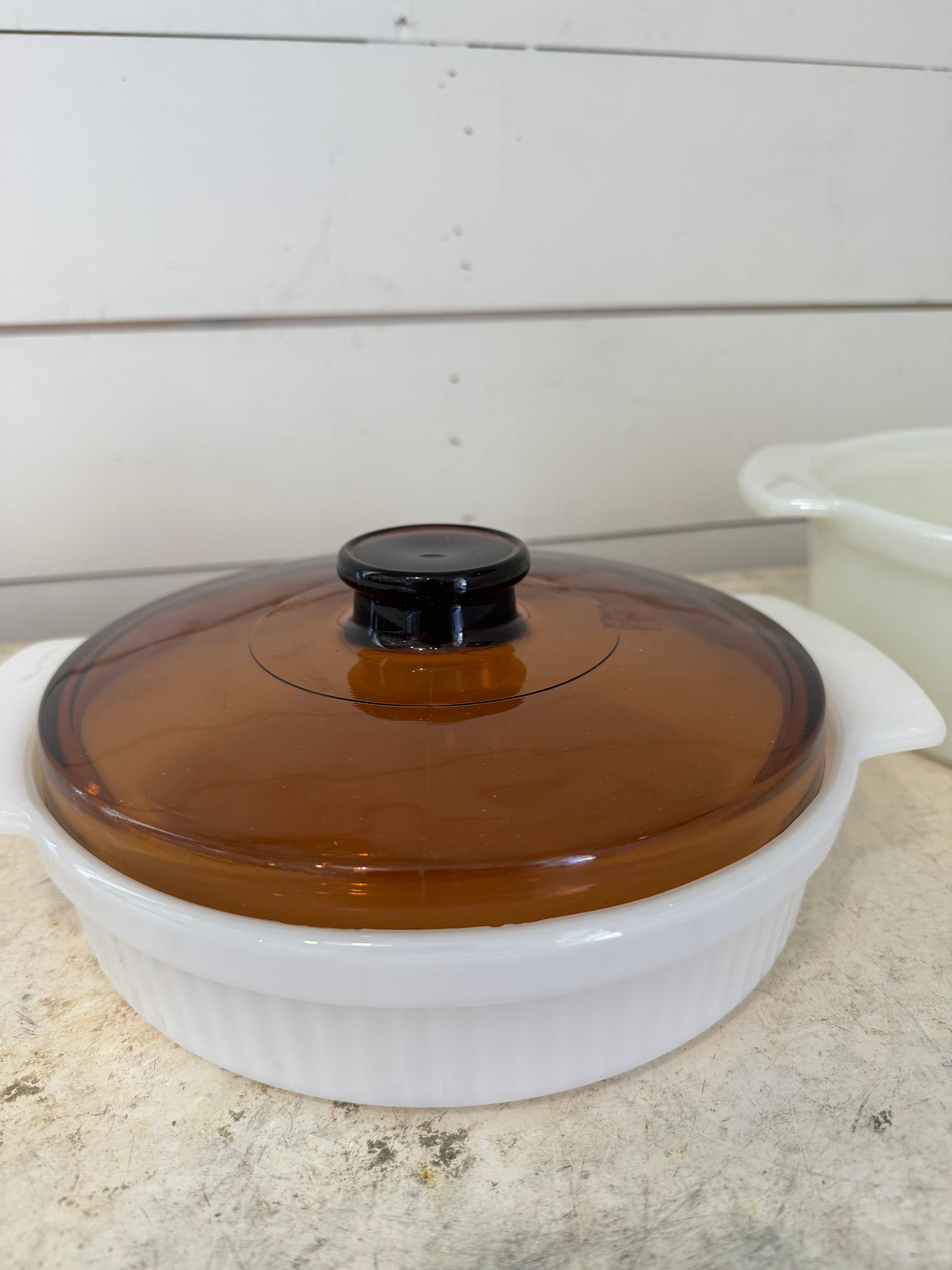 Vintage Fire King White Ribbed Baking Dish with Lid, Anchor Hocking - Sold individually