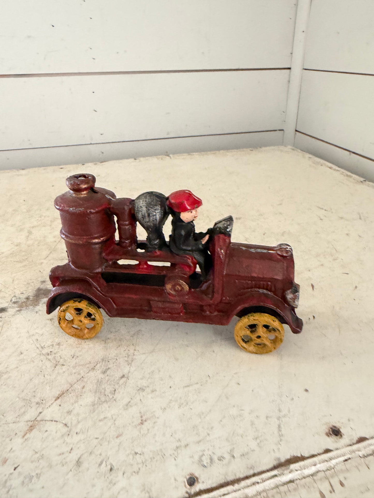 Vintage Cast Iron Fire Truck Pumper Red with Driver