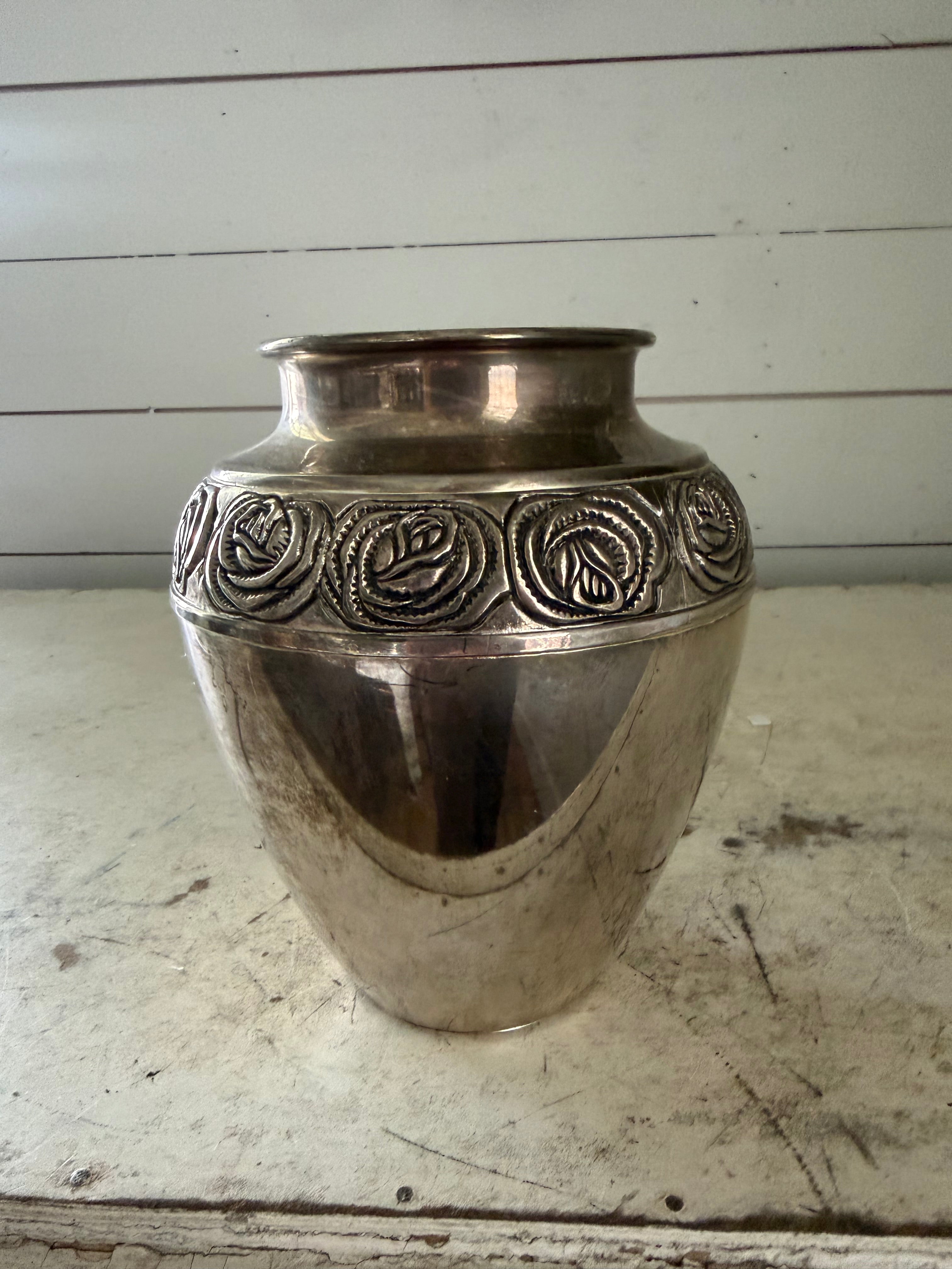 Vintage Silver Plated Heavy Floral Ornate Vase 7.25 inch