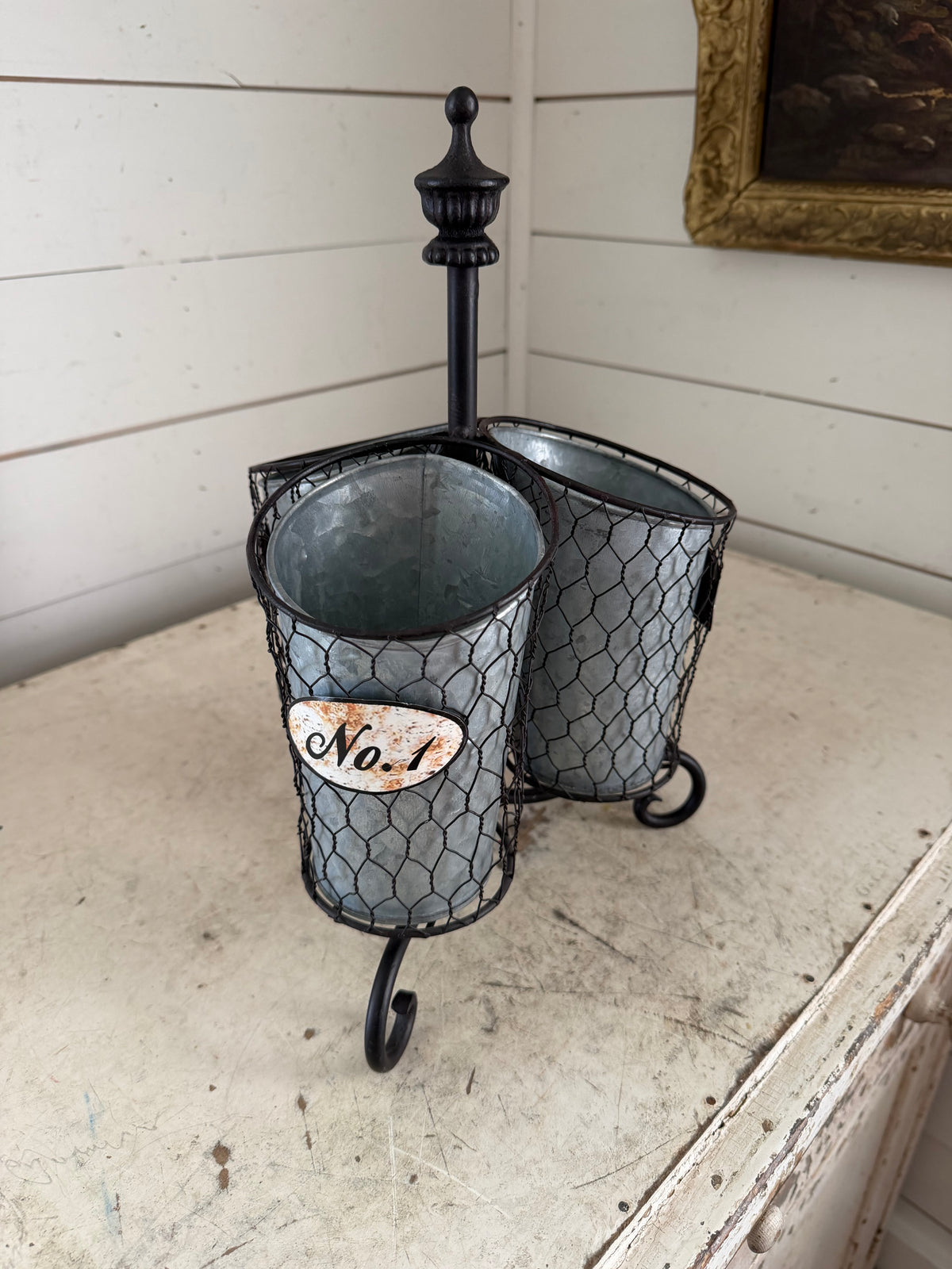 Galvanized kitchen utensil caddy with chicken wire - Will get makeover