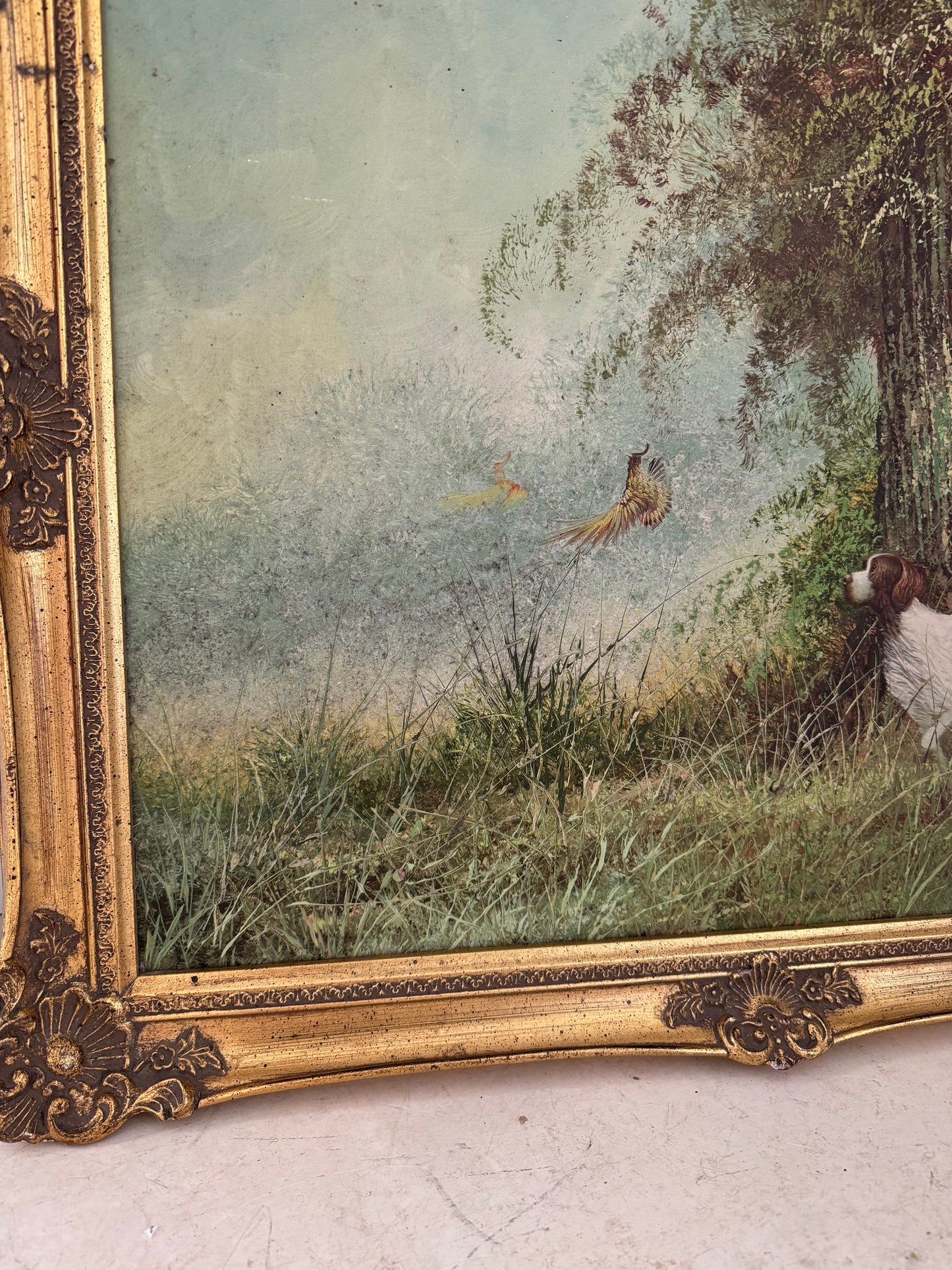 Pointer Dog & Pheasants Amazing Detail Original Framed Oil On Canvas by S. Lee 16x20 with frame