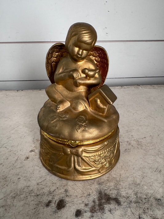 Vintage 1970 Gold Angel Winged Cherub Trinket Jewelry Box